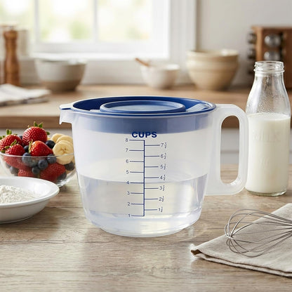 8 Cup Measuring Cup with Splash Guard Lid, BPA-Free Plastic Mixing Bowl for Baking, Pancakes & Meal Prep, Clear Accurate Measurement Marks