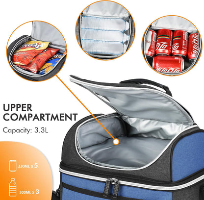 Tirrinia Reusable Lunch Box for Men Women, Insulated Lunch Bag Adult Work, Double Decker Leakproof Lunchbox for Office Picnic Beach—Dual Compartment Lunch Cooler Bag
