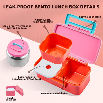 JXXM Bento Lunch Box for Kids With 8oz Thermo, Leakproof Bento Box with with 2 Compartments, Insulated Bottle, Lunch Bag, BPA Free Dishwasher Safe for School Girls Boys (Pink)