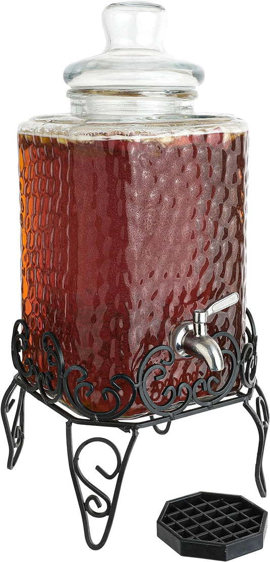 2.5 Gallon Glass Beverage Dispenser with Stand & Stainless Steel Spigot – Large Mason Jar Drink Dispenser for Sun Tea, Kombucha, Iced Tea, Lemonade, Sangria & Cold Drinks