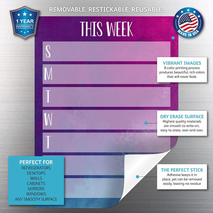 Dry Erase Weekly Calendar Planner Sticker Decal | Removable & Reusable | Magnetic Fine-Tip Marker Included (6 x 9 inches, White)