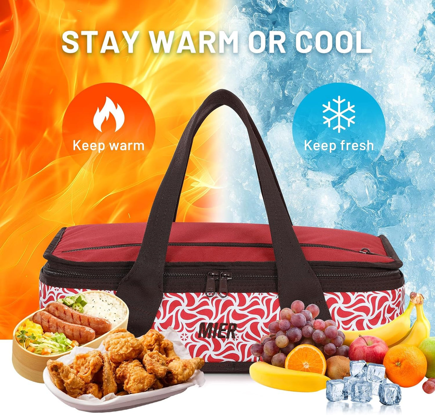 MIER Insulated Casserole Carrier for Hot or Cold Food Thermal Food Carrier Bag for Lasagna Potluck Parties Picnic Cookouts, Fits 9"x13" Baking Dish/Foil Pan, Red