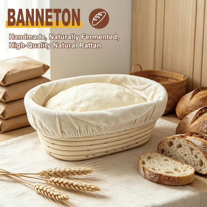 Banneton Bread Proofing Basket, 10 inch Oval Banneton Basket,Sourdough Proofing Basket,Bread Bowl Handmade Rattan Baskets and Liners for Professional & Home Sourdough Bread Baking