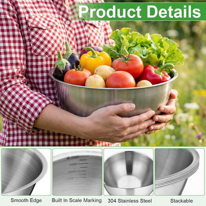 Honeydak 12 Pcs 304 Stainless Steel Mixing Bowls with Graduations, Salad Bowls Metal Serving Reusable Baking Food Storage Containers for Baking, Cooking, Salads, Soups, Ice Cream, Noodles (40 oz)