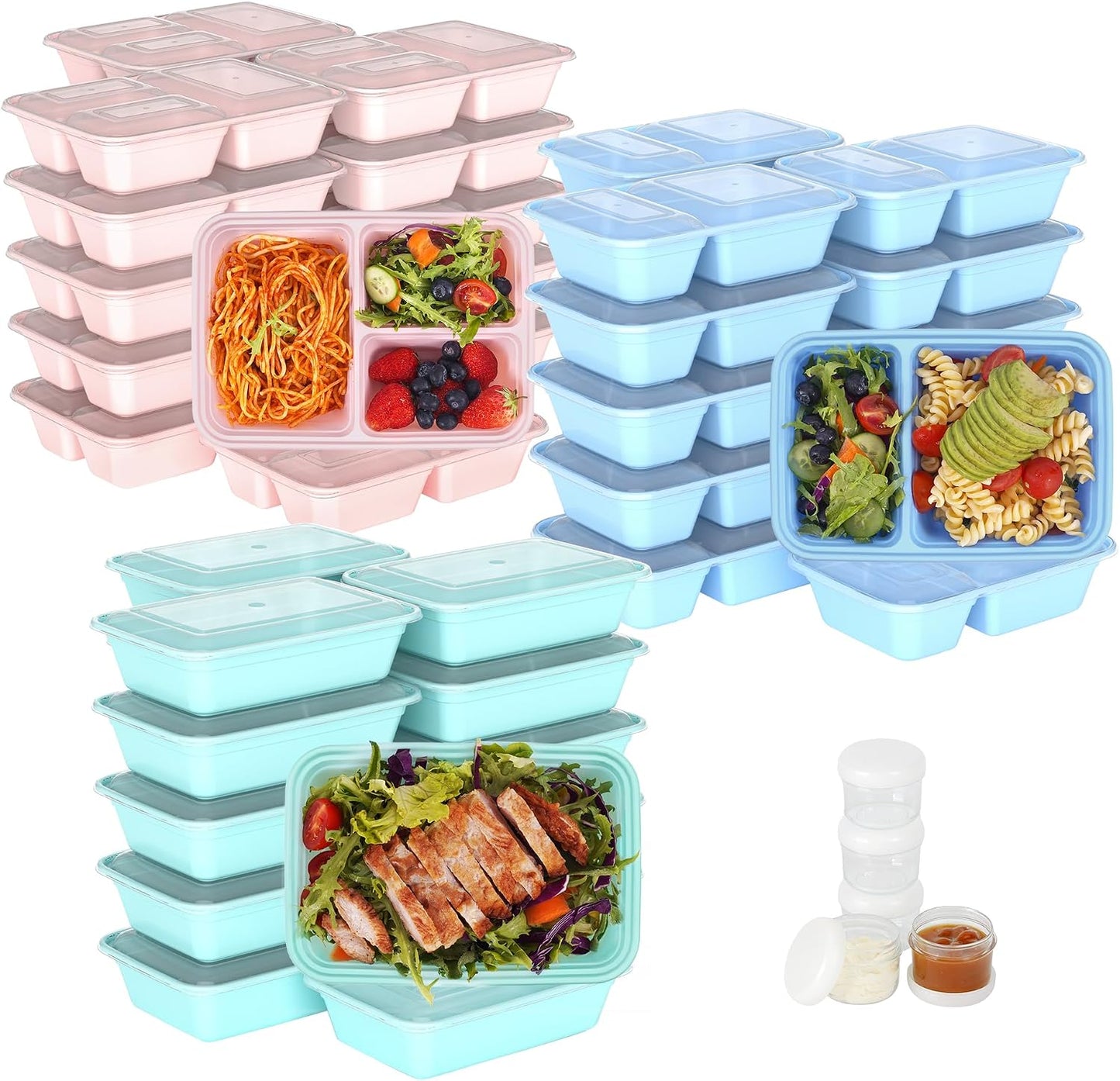 LISI 100-Piece Meal Prep Containers, 33oz Large Food Storage Containers with lids with 1, 2, 3-Compartment, Freezer Safe To-Go/Take-Out Boxes, Includes 5-Pack 2oz Dressing Cups for Take Out