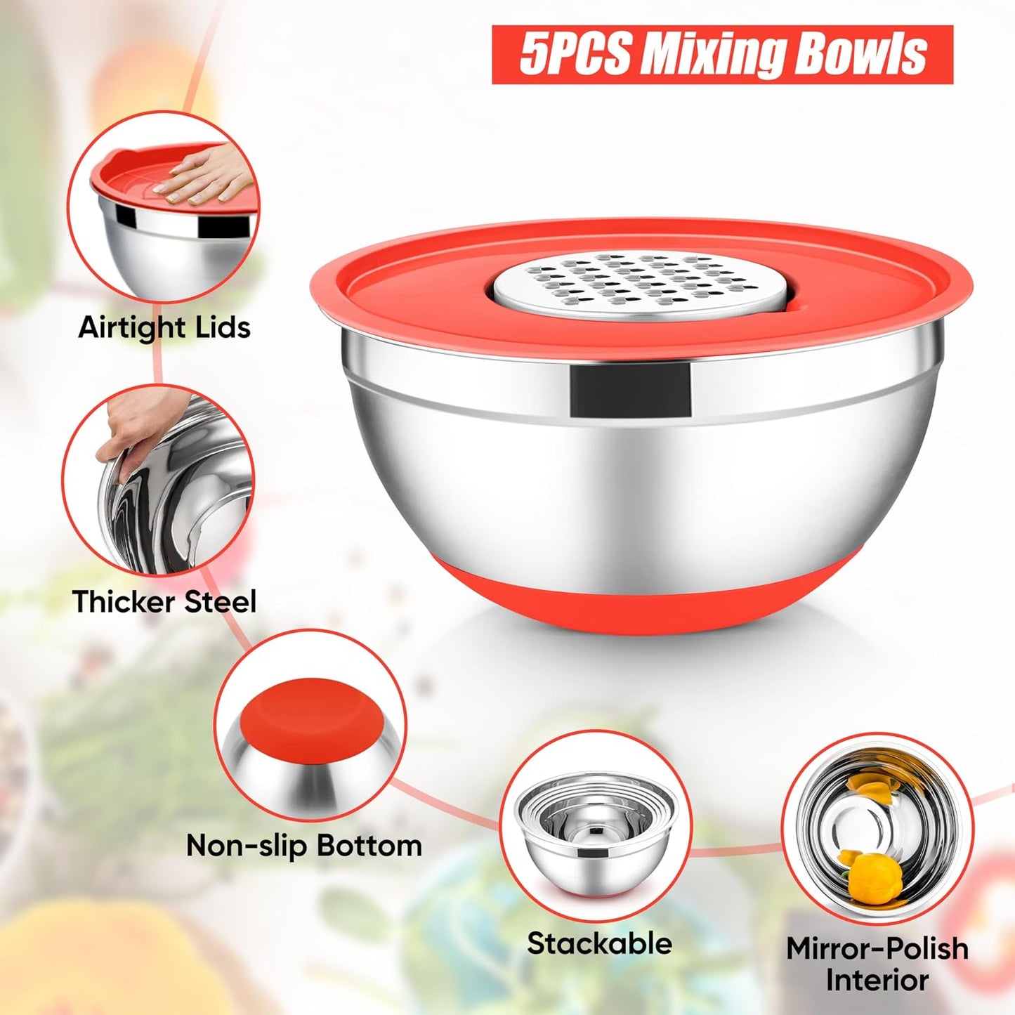 E-far Stainless Steel Mixing Bowls with Lids Set, 5-Piece Nesting Salad Bowls with 3 Grater Attachments and Non-Slip Bottoms, Size 4.6, 2.6, 2, 1.5, 1QT for Kitchen (Khaki)