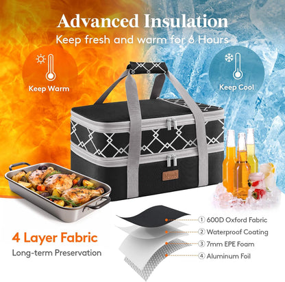Lifewit Insulated Double Decker Casserole Carrier, Expandable Lasagna Lugger Tote Bag for Hot or Cold Food, Fits 9" x 13" Baking Dish for Potluck Parties, Picnic and Cookouts, Grey-Geometric