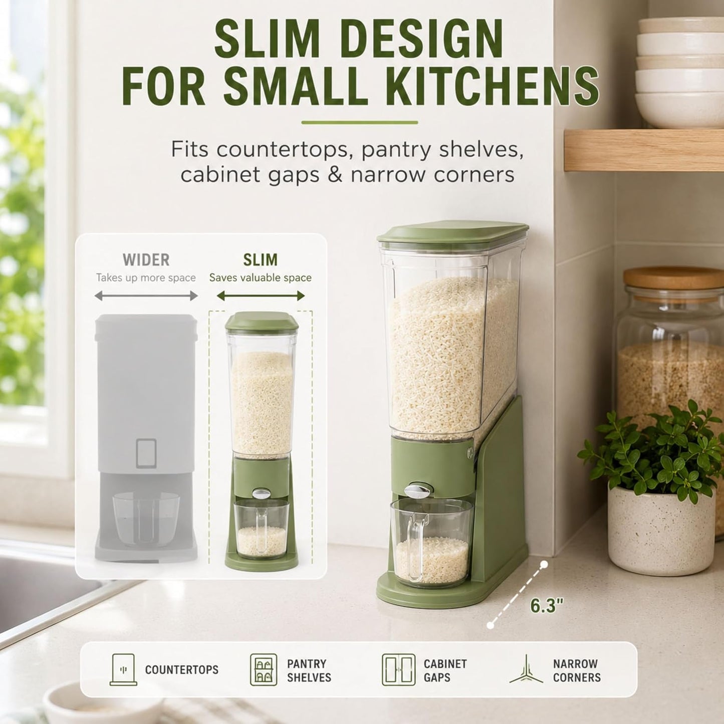 ROOM127 Rice Dispenser 22 Lbs, Large Airtight Grain Container, Cream White | Family Size Storage, BPA-Free, Moisture-Proof Seal, One-Touch Pouring, Clear Window, for Cereal, Beans, Oats & Dry Food