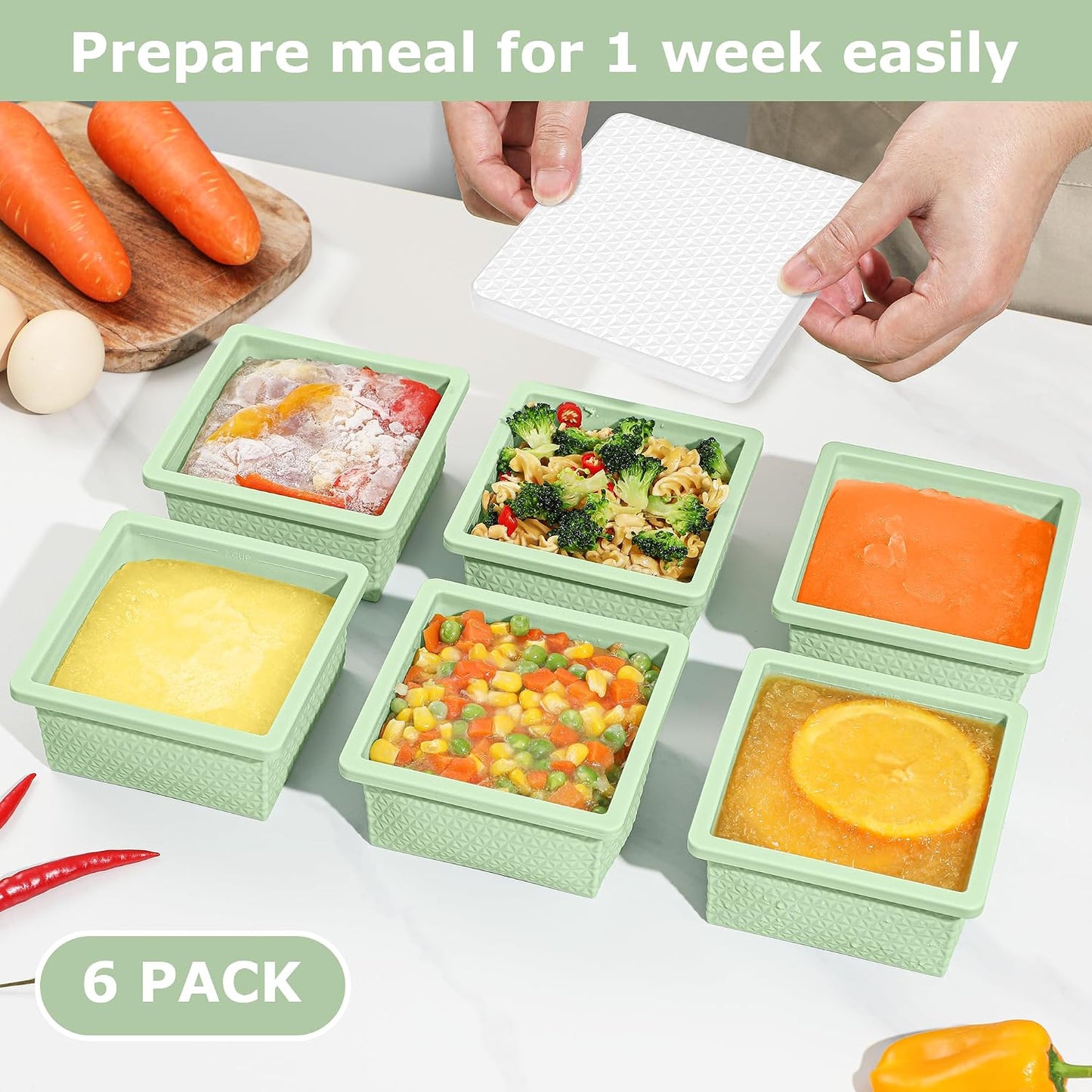 6 Pack-Silicone Freezer Tray with Lid-Stackable Soup Freezer Container Molds,2-Cup Ice Cube Trays for Perfect Portion Control,Food Storage & Meal Prep,Oven & Dishwasher Safe