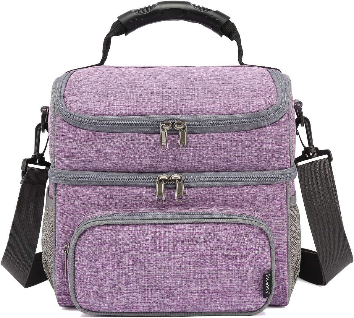 FlowFly Double Layer Cooler Insulated Lunch Bag Adult Lunch Box Large Tote Bag for Men, Women, With Adjustable Strap,Front Pocket and Dual Large Mesh Side Pockets
