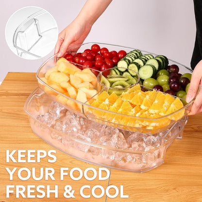 Large Capacity Ice Serving Tray, Fruit Trays for Serving for Party, Chilled Vegetable/Veggie Tray, Shrimp Cocktail Serving Dish- 15 Inch Chilled Party Platter with Lid and 4 Compartments