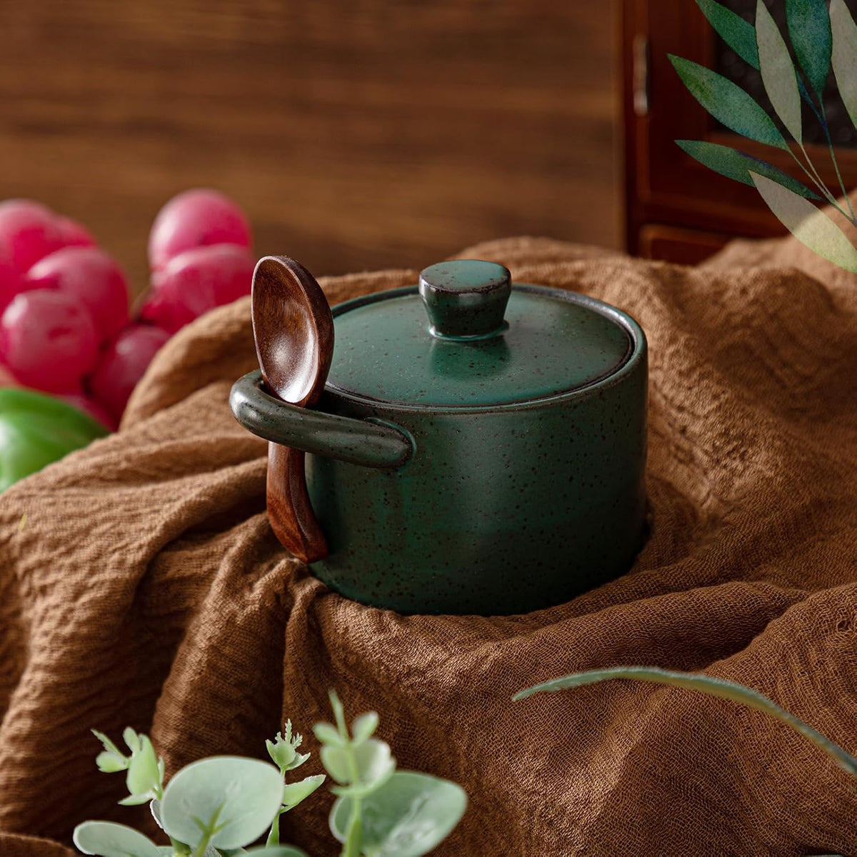 Honeydak Speckled Ceramic Salt Cellar with Lid and Wooden Spoon, Rustic Farmhouse Salt Pepper Cellar Holder for Mothers Day, Housewarming Gift, Heavyweight Spices Jar (Green)