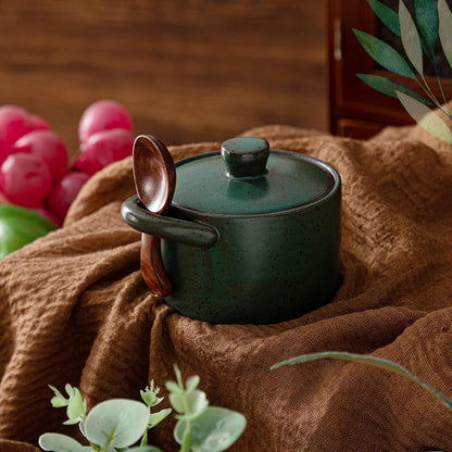 Honeydak Speckled Ceramic Salt Cellar with Lid and Wooden Spoon, Rustic Farmhouse Salt Pepper Cellar Holder for Mothers Day, Housewarming Gift, Heavyweight Spices Jar (Green)