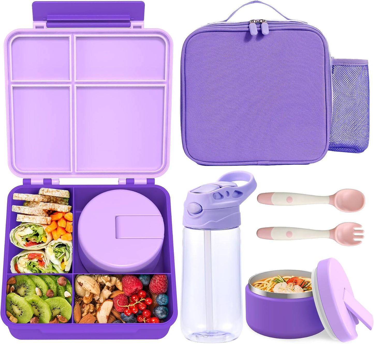 Kids Bento Lunch Box with 8oz Soup Thermo, Water Bottle, Kids Leakproof Lunch Food Containers with 4 Compartment, Insulated Hot Food Jar with Lunch Bag for School, Trvael (Black)