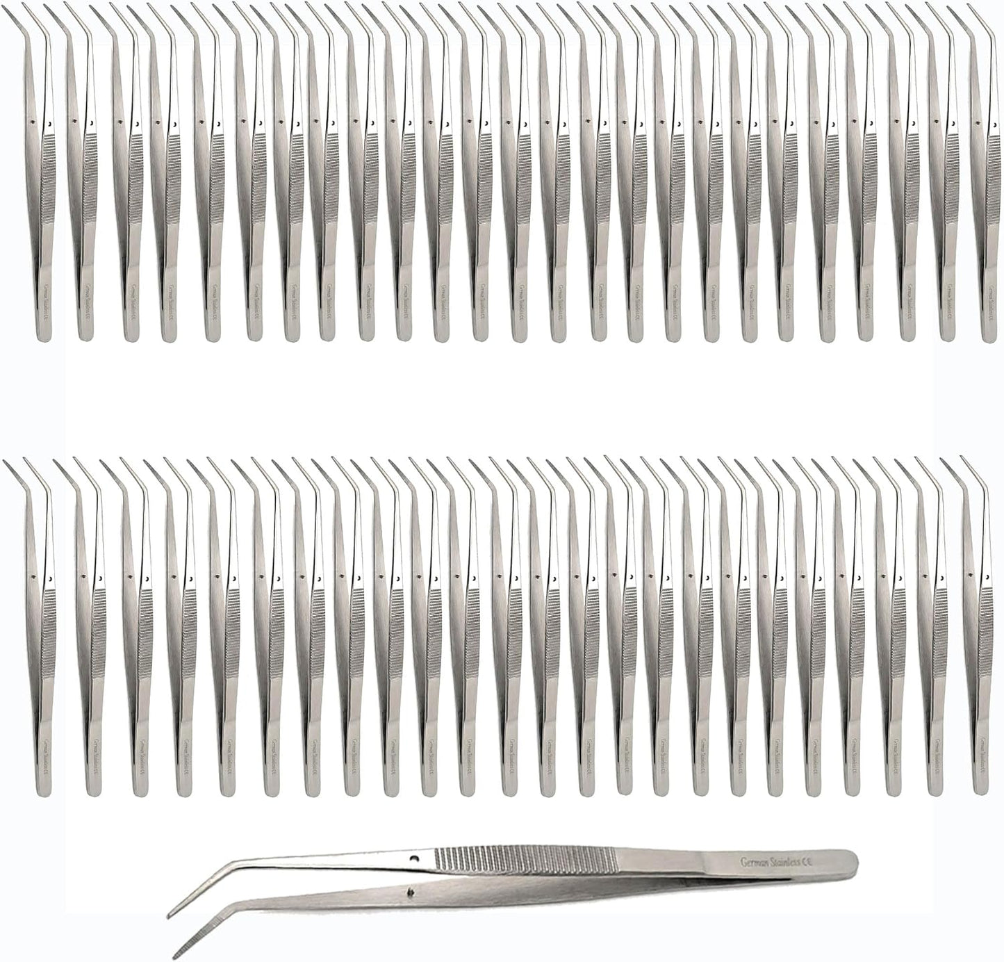 6 Inch Professional Culinary Stainless Steel Precision Tongs with Angled Serrated Tips, Plating/Food Presentation Detailing Serving Tongs, Chef's Kitchen Tweezer Tongs - Ultra Non-Slip Grip