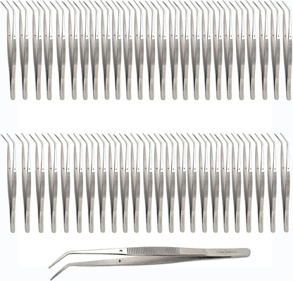 6 Inch Professional Culinary Stainless Steel Precision Tongs with Angled Serrated Tips, Plating/Food Presentation Detailing Serving Tongs, Chef's Kitchen Tweezer Tongs - Ultra Non-Slip Grip