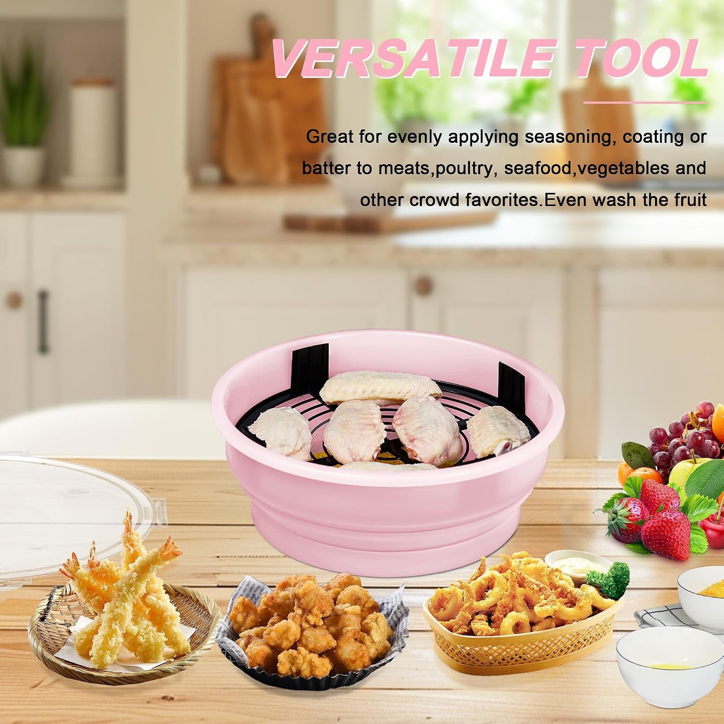 FJNATINH Collapsible Batter Bowl - Mess Free Better Breader Shaker Bowl with Lid Breading Shaker Container for Fried Fish, Fried Chicken, Onion Rings & More,No Leak,Easy to Store,Light Blue