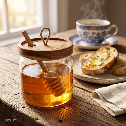 Honey Jar Pot Glass Holder Dispenser Set with Wooden Dipper Stick and Acacia Lid Cover - 14 Oz Honey Jar with Dipper and Lid - Modern Glass Honey Dispenser & Honey Drizzler for Home Kitchen Decor