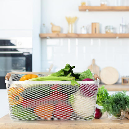 Ziliny 4 Pcs Metal Mesh Wire Baskets with Wooden Handles for Organizing, Pantry Organizers and Storage Steel Bin Kitchen Baskets for Fruit Potato Onion Snacks Bathroom Cabinet(Medium,Cream White)