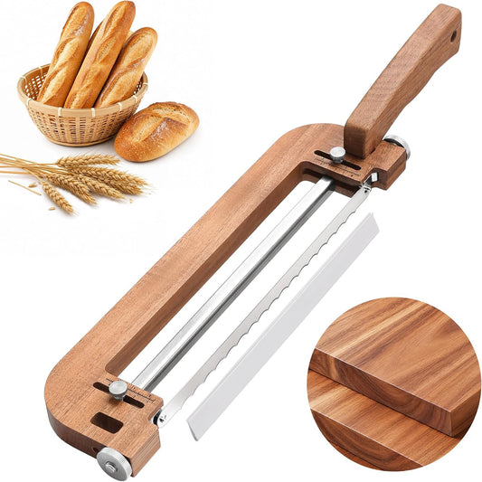 Kravon Adjustable Bread Slicer for Home, Acacia Wooden Bread Knife for Homemade Bread with Adjustable Tension Blade‌,Premium Stainless Serrated Bread Cutter,Ideal Gift for Bread Lovers