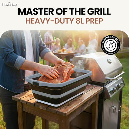BBQ Prep Tub 2 Pack (8L+8L) - Multifunctional Collapsible Camping Cutting Board with Upgraded Locking Lid, Meal Prep Meat Storage Container Perfect for Grilling, Outdoor Cooking (Large x 2)