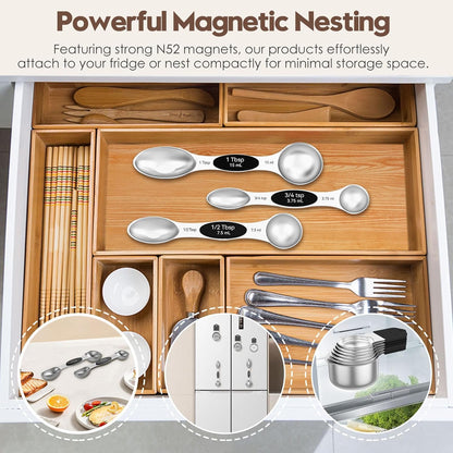 Magnetic Measuring Cups and Spoons Set – 304 Stainless Steel | Dual-sided Design | 15-Piece with Leveler | N52 Space-Saving Magnetic Nesting | Baking & Meal Prep | Kitchen Gift (Black)