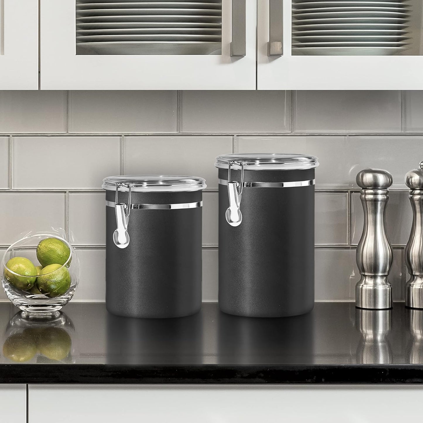 Oggi Stainless Steel Kitchen Canister 62 fl oz - Airtight Clamp Lid, Clear See-Thru Top - Ideal for Kitchen Storage, Food Storage, Pantry Storage. Large Size 5" x 7.5".