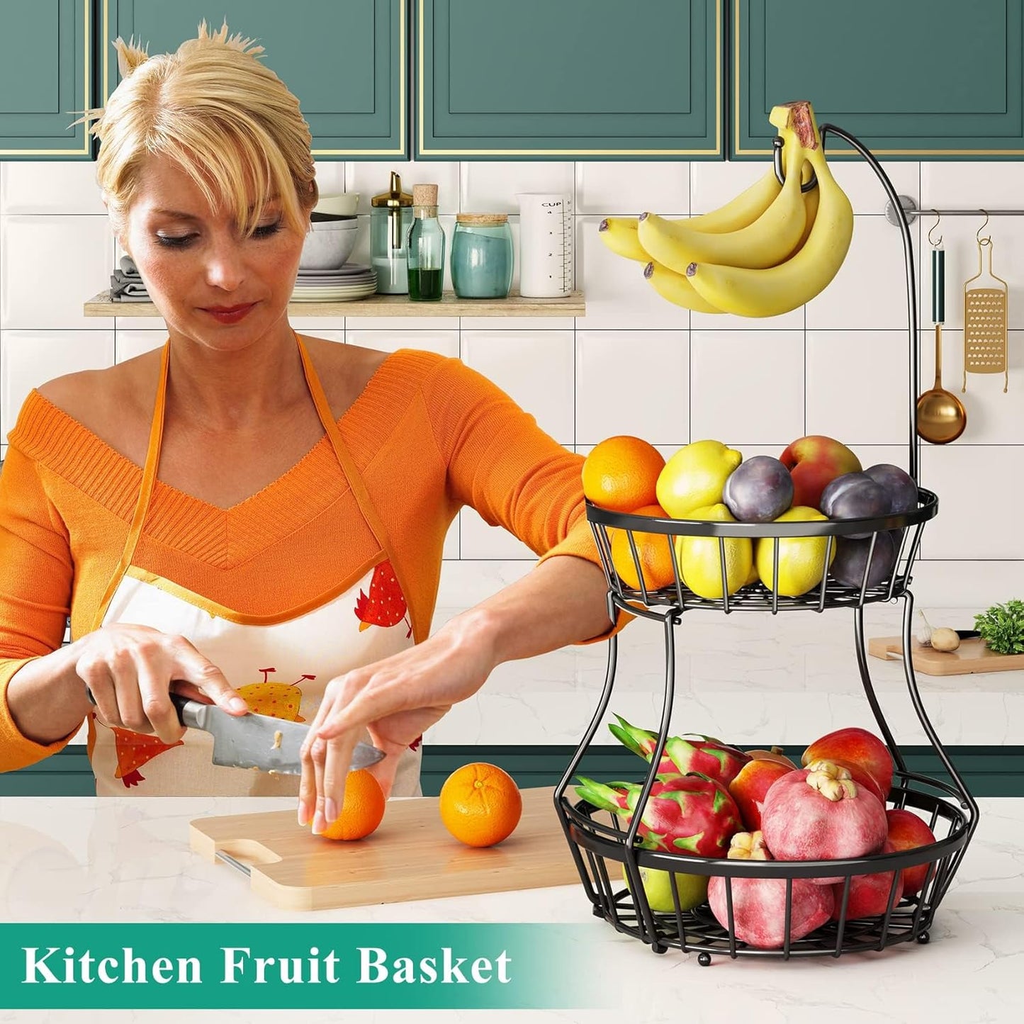 SAYZH 2-Tier Fruit Basket Bowl Stackable Vegetable Storage with Banana Tree Hanger Stand for Kitchen Countertop, Metal Wire Basket for Bread Onions Potatoes Black