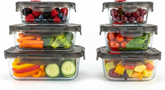 Borosilicate Glass Airtight Food Storage Containers with Vented Lids, Assorted Set of 8 (4 Rectangular & 4 Square)