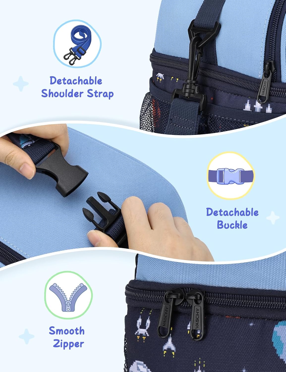 VASCHY Lunch Box Bag for Kids, Insulated Double Compartments Cooler Lunch Tote for Toddlers Boys Girls School/Daycare/Picnic Black Dinos