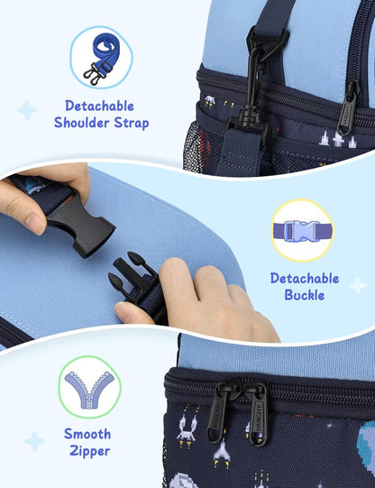 VASCHY Lunch Box Bag for Kids, Insulated Double Compartments Cooler Lunch Tote for Toddlers Boys Girls School/Daycare/Picnic Black Dinos