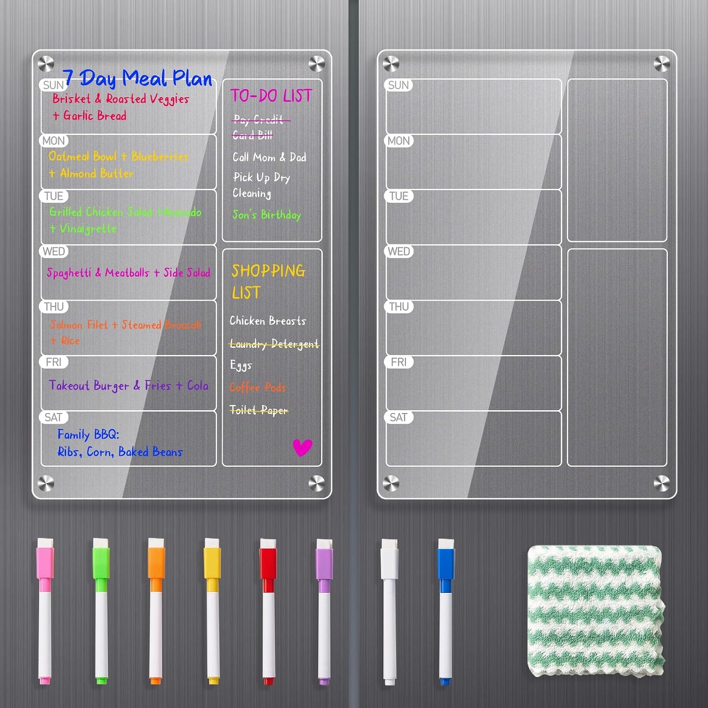 2 Pack Magnetic Meal Planner for Fridge, Acrylic Weekly Planner & Menu Board Set, Clear Fridge Whiteboard Calendar with 8 Markers & 1 Towel, Meal & Grocery Organization for Kitchen