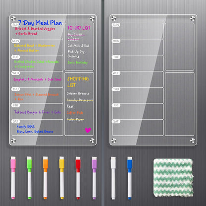 2 Pack Magnetic Meal Planner for Fridge, Acrylic Weekly Planner & Menu Board Set, Clear Fridge Whiteboard Calendar with 8 Markers & 1 Towel, Meal & Grocery Organization for Kitchen