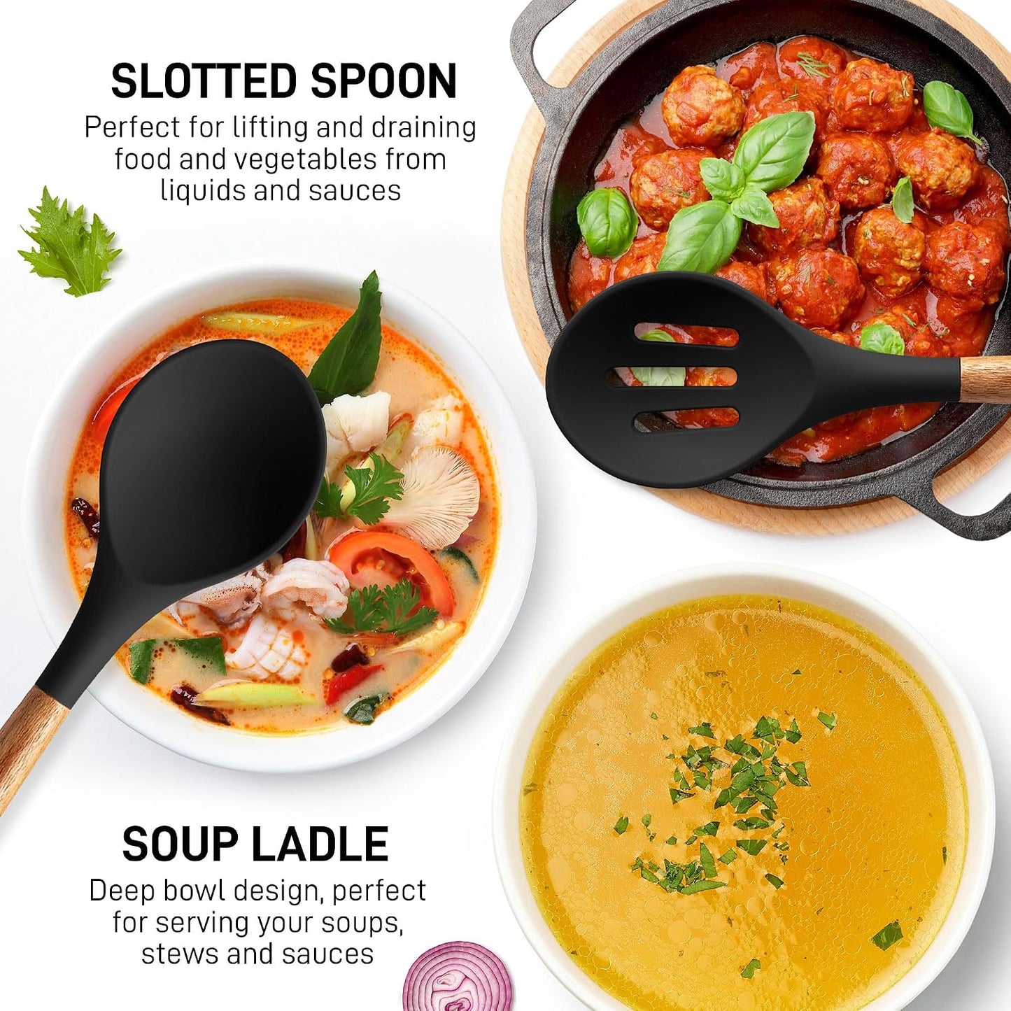 Zulay Kitchen Utensils Set Non-Stick Silicone Cooking Utensils Set with Authentic Acacia Wood Handles - 5 Piece Silicone Utensil Set - Kitchen Utensils Set with 464°F Heat Resistance - Gray
