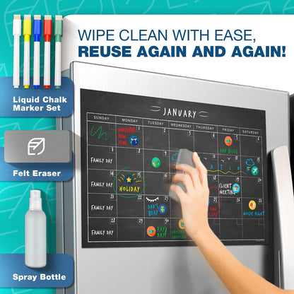 Magnetic Chore Chart & Calendar Set - 11" x 17", Weekly Menu Board & Meal Planner for Refrigerator - Reusable Dry Erase, Includes Markers & Eraser