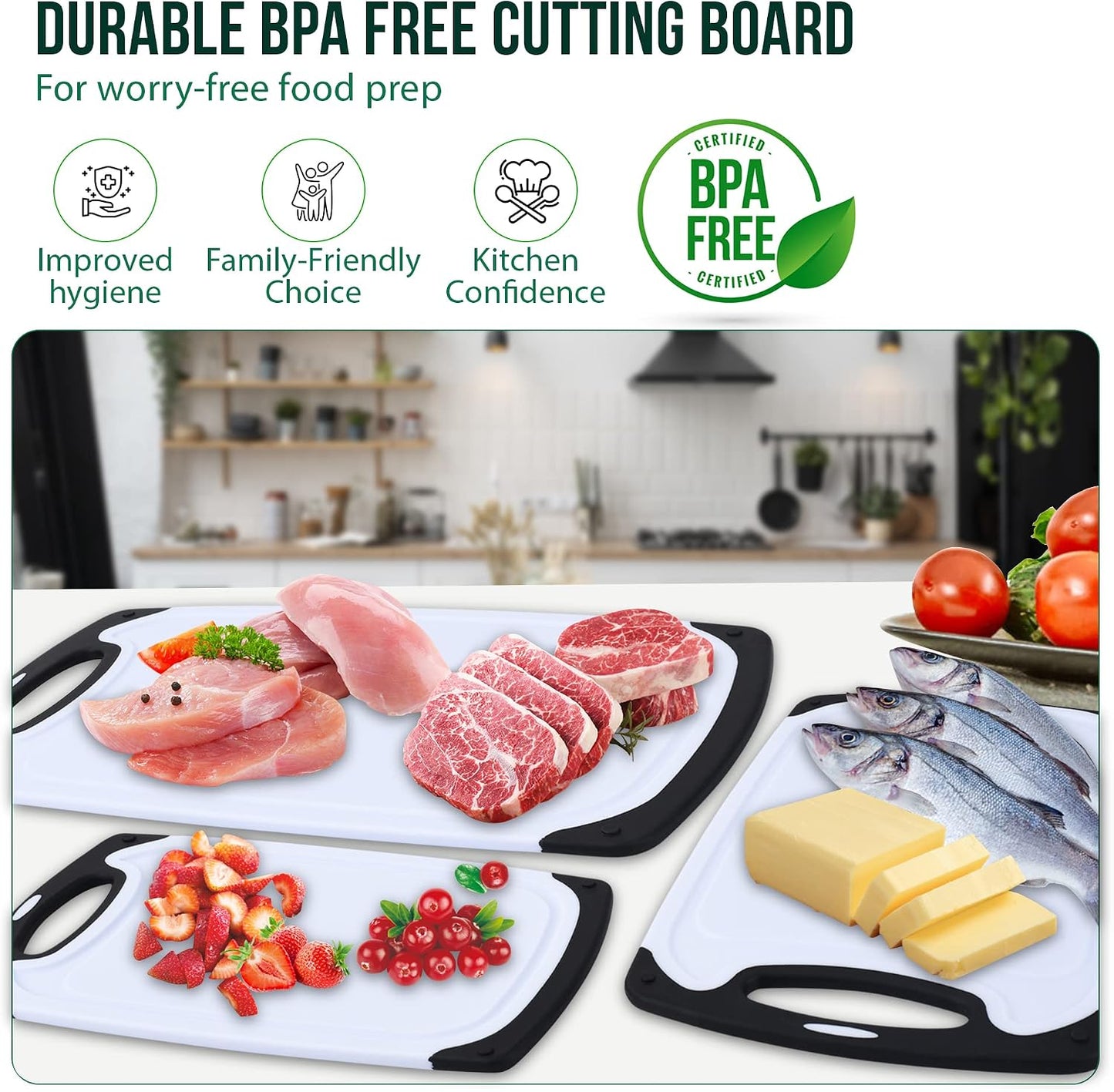 Plastic Cutting Boards for Kitchen, with Grips – Set of 3 Dishwasher-Safe, Non Slip Cutting Board with Juice Groove – Thick, Durable Cutting Boards for Meat and Vegetables by My Prime Kitchen, Black