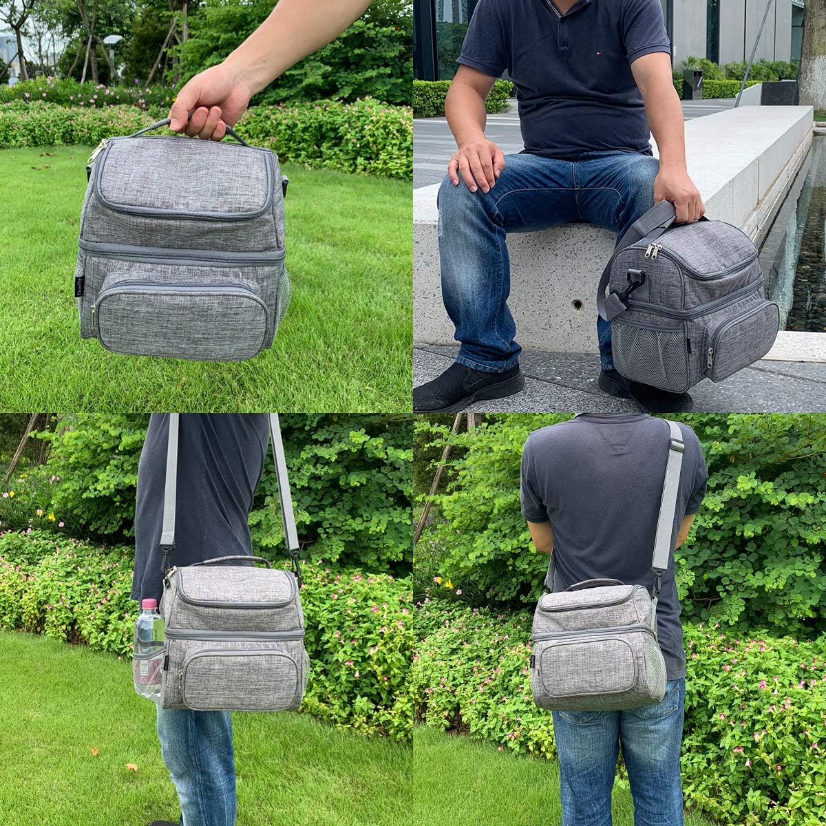 FlowFly Double Layer Cooler Insulated Lunch Bag Adult Lunch Box Large Tote Bag for Men, Women, With Adjustable Strap,Front Pocket and Dual Large Mesh Side Pockets