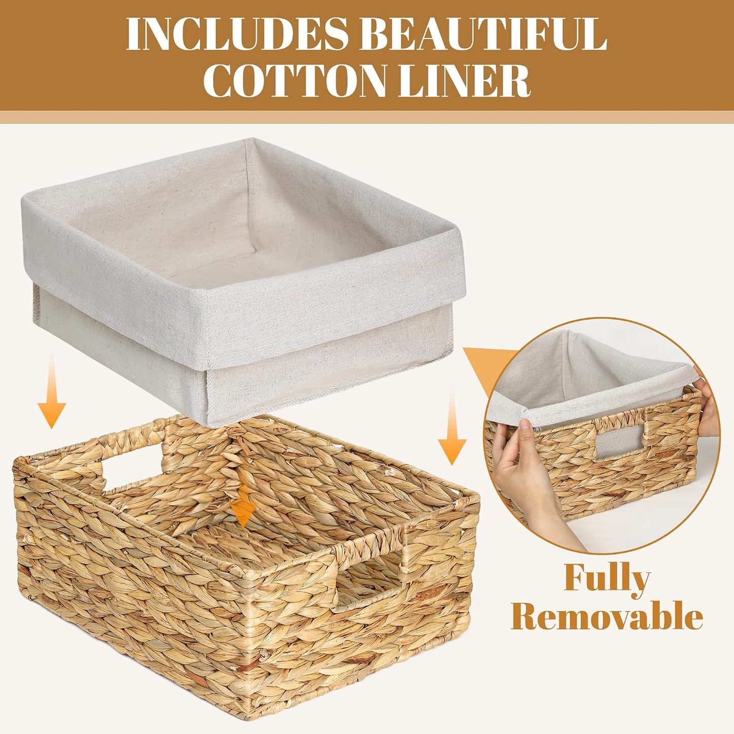 Set of 2 Hyacinth Woven Baskets, Lined Rect Pantry Shelf Storage Organizer | Durable, Long-lasting use, Removable & Washable Liner, Multi-Size Set for Versatile Storage,Two Rectangular Baskets