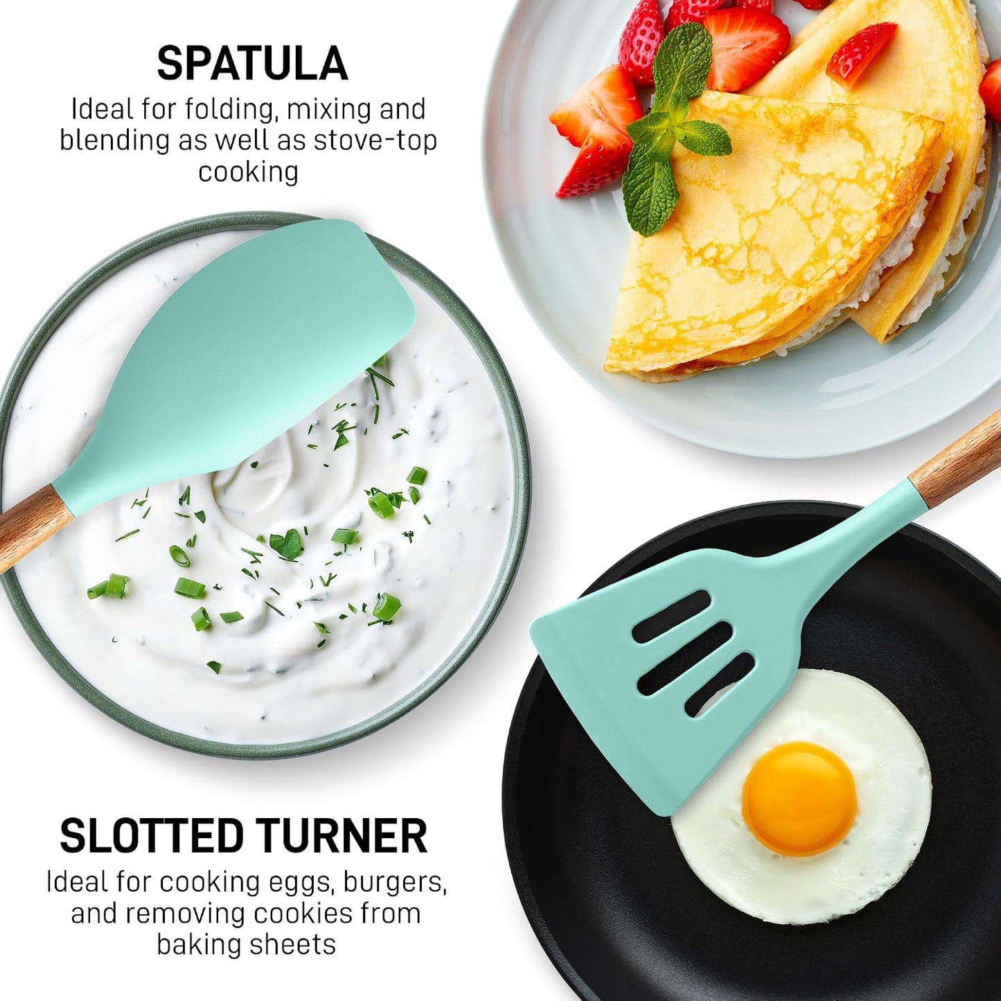 Zulay Kitchen Utensils Set Non-Stick Silicone Cooking Utensils Set with Authentic Acacia Wood Handles - 5 Piece Silicone Utensil Set - Kitchen Utensils Set with 464°F Heat Resistance - Gray
