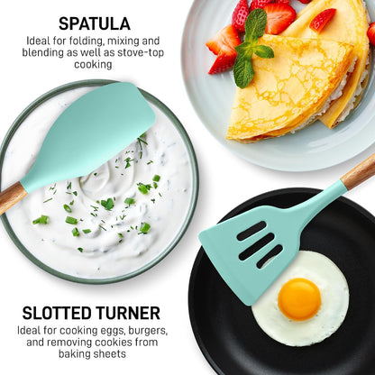 Zulay Kitchen Utensils Set Non-Stick Silicone Cooking Utensils Set with Authentic Acacia Wood Handles - 5 Piece Silicone Utensil Set - Kitchen Utensils Set with 464°F Heat Resistance - Gray