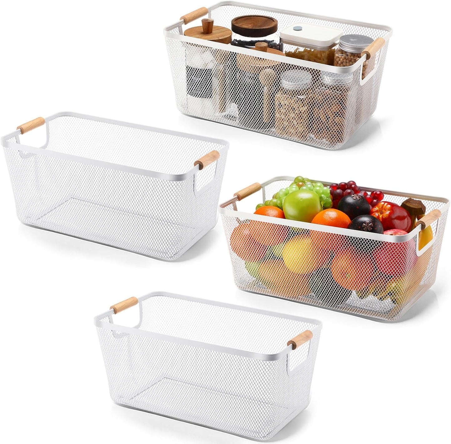 Ziliny 4 Pcs Metal Mesh Wire Baskets with Wooden Handles for Organizing, Pantry Organizers and Storage Steel Bin Kitchen Baskets for Fruit Potato Onion Snacks Bathroom Cabinet(Medium,Cream White)
