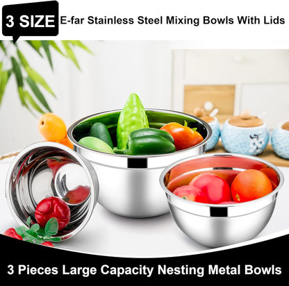 E-far Mixing Bowls With Lids Sets of 5, 10-Piece Stainless Steel Salad Metal Nesting Bowl for Baking Cooking and Prepping, Airtight Lid & Stackable Design, Size 4.6, 3, 2.1, 1.5, 0.7 QT, Black