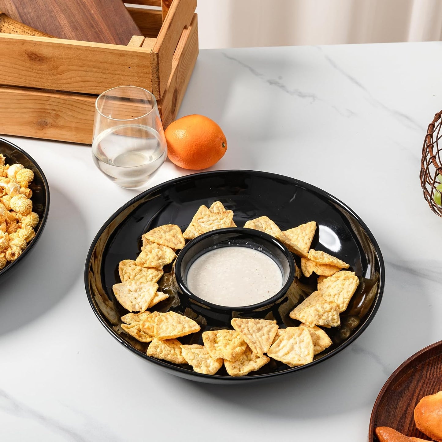 LEHAHA 12.25 inch porcelain Chip and Dip Serving Set, Ceramic Platters for Cheese, Appetizers &Chips Salsa, Fruit and Veggies, Divided Serving Trays for Family Gathering and Parties, Dark Creamy
