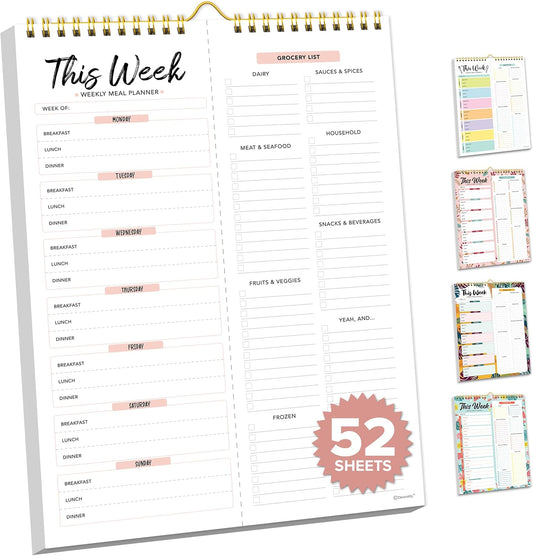 Decorably 52 Sheets Pastel Undated Magnetic Weekly Meal Planner and Grocery List Notepad with 4 Strong Magnets - 8.5x11in Spring-Bound, Refrigerator Mountable, Easy Tear-Off Design