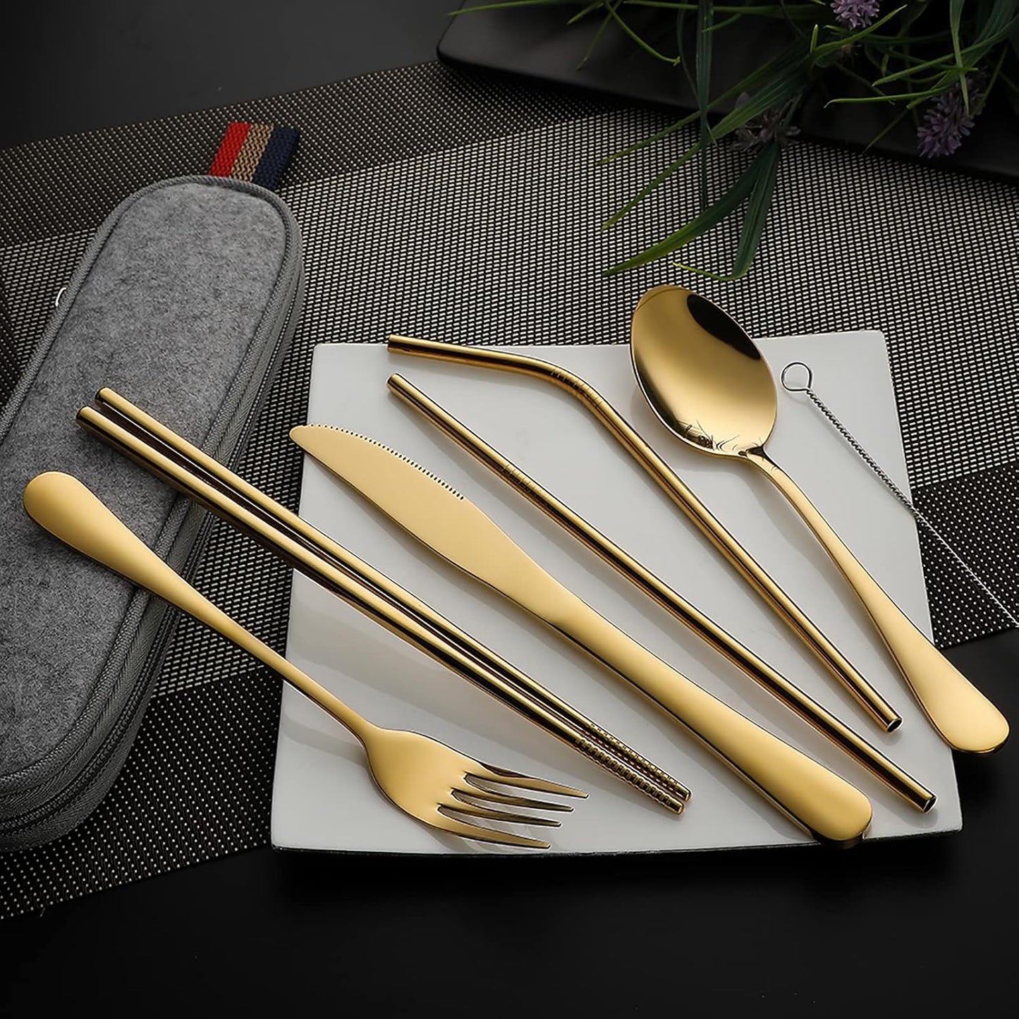 DEVICO Camping Utensils, 8-Piece Full-Size Reusable Silverware for Lunch Adult, Stainless Steel Portable Fork Spoon Knife Set for Work, Travel Cutlery Set with Case and Chopsticks Straws (Rainbow)