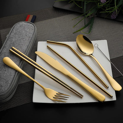 DEVICO Camping Utensils, 8-Piece Full-Size Reusable Silverware for Lunch Adult, Stainless Steel Portable Fork Spoon Knife Set for Work, Travel Cutlery Set with Case and Chopsticks Straws (Rainbow)