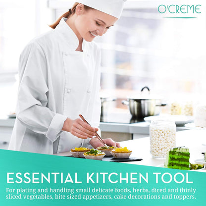 O'Creme 8 Inch Black Stainless Steel Precision Kitchen Culinary Offset Tweezer Tongs