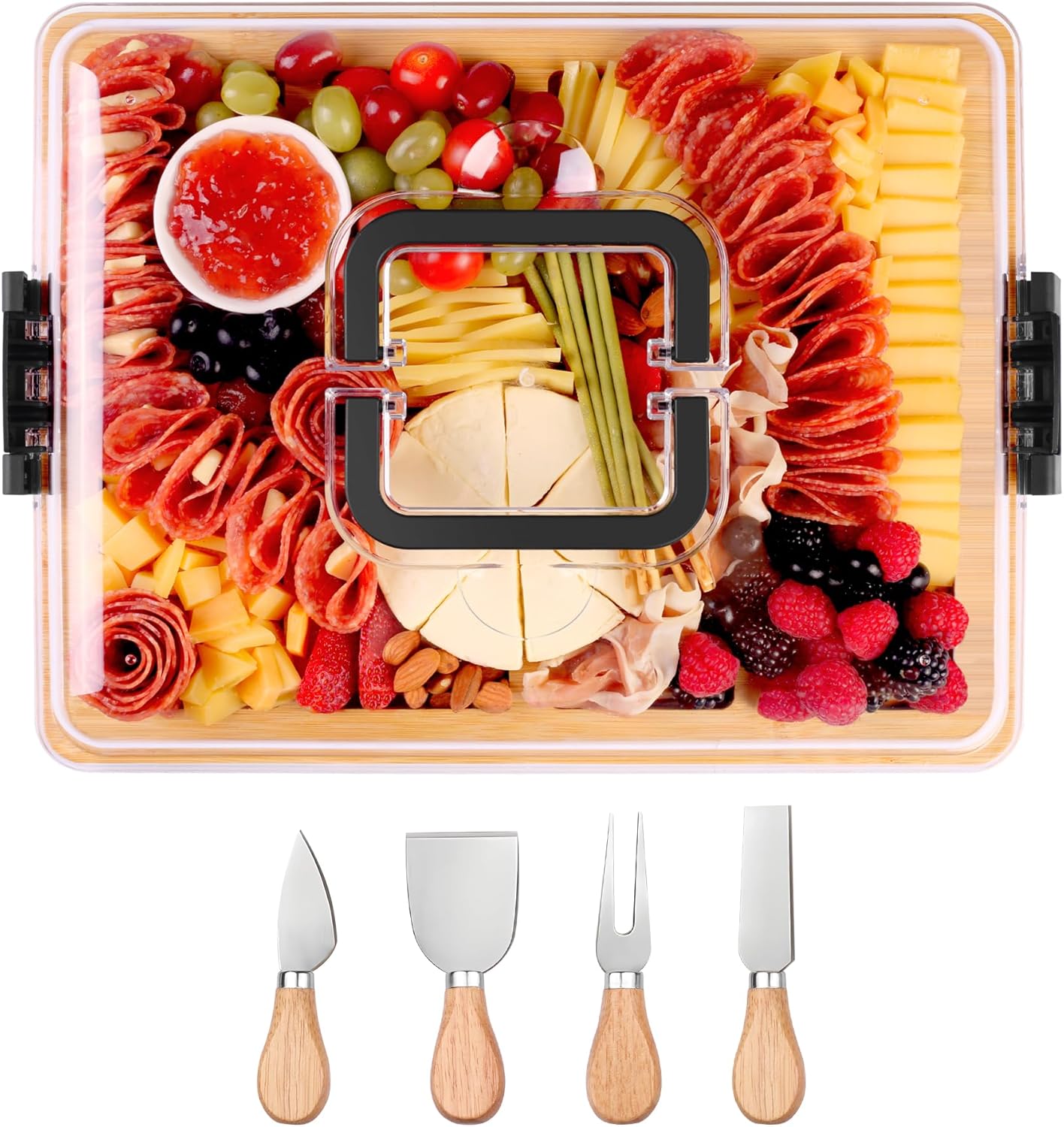 CAWIU Portable Travel Charcuterie Board with Lid and Handle - Large Bamboo Cheese Board with 4 Cheese Knife Set for Outdoor, Picnics - Weddings, House Warming Gift for Women (1 Compartment, White)
