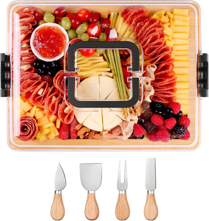 CAWIU Portable Travel Charcuterie Board with Lid and Handle - Large Bamboo Cheese Board with 4 Cheese Knife Set for Outdoor, Picnics - Weddings, House Warming Gift for Women (1 Compartment, White)