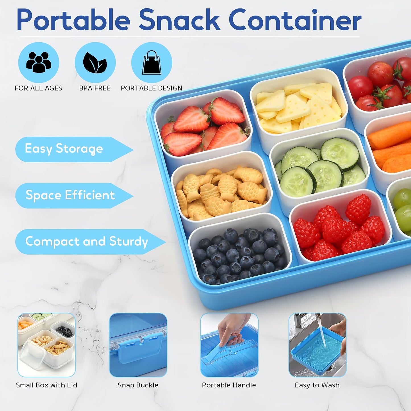 Snackle Box Container for Adults with 9 Compartment, Divided Serving Tray Snack Box Containers with Lid and Handle, Charcuterie Boxes Portable Snack Platter for Fruit Veggie Party Travel, White
